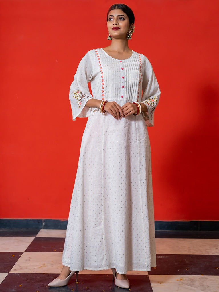 Printed White Pintuck A-Line Dress