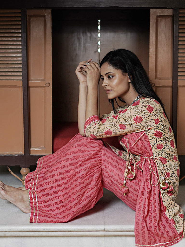 A-Line Short Printed Angrakha Pattern Embellished Kurti With Printed Cotton Sharara