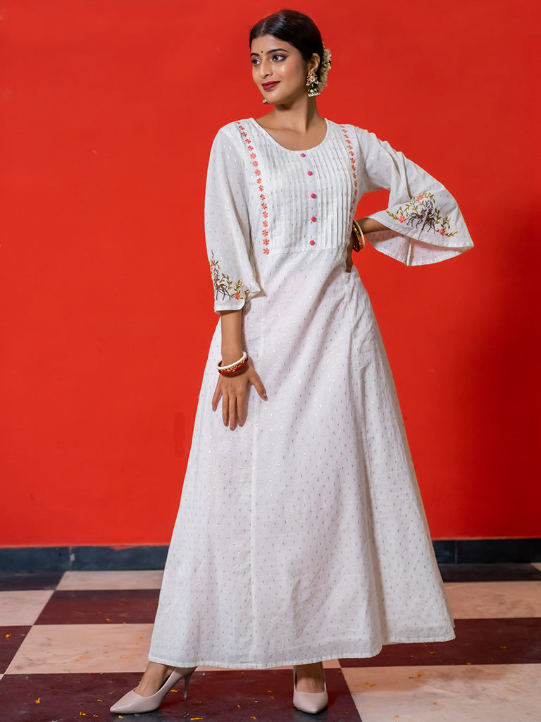 Printed White Pintuck A-Line Dress