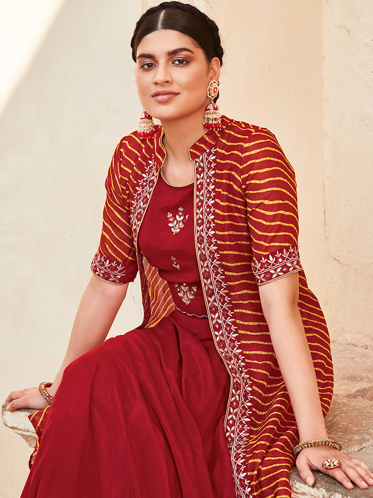 Red Gota Patti Crop Top And Skirt With Bandhej Shrug