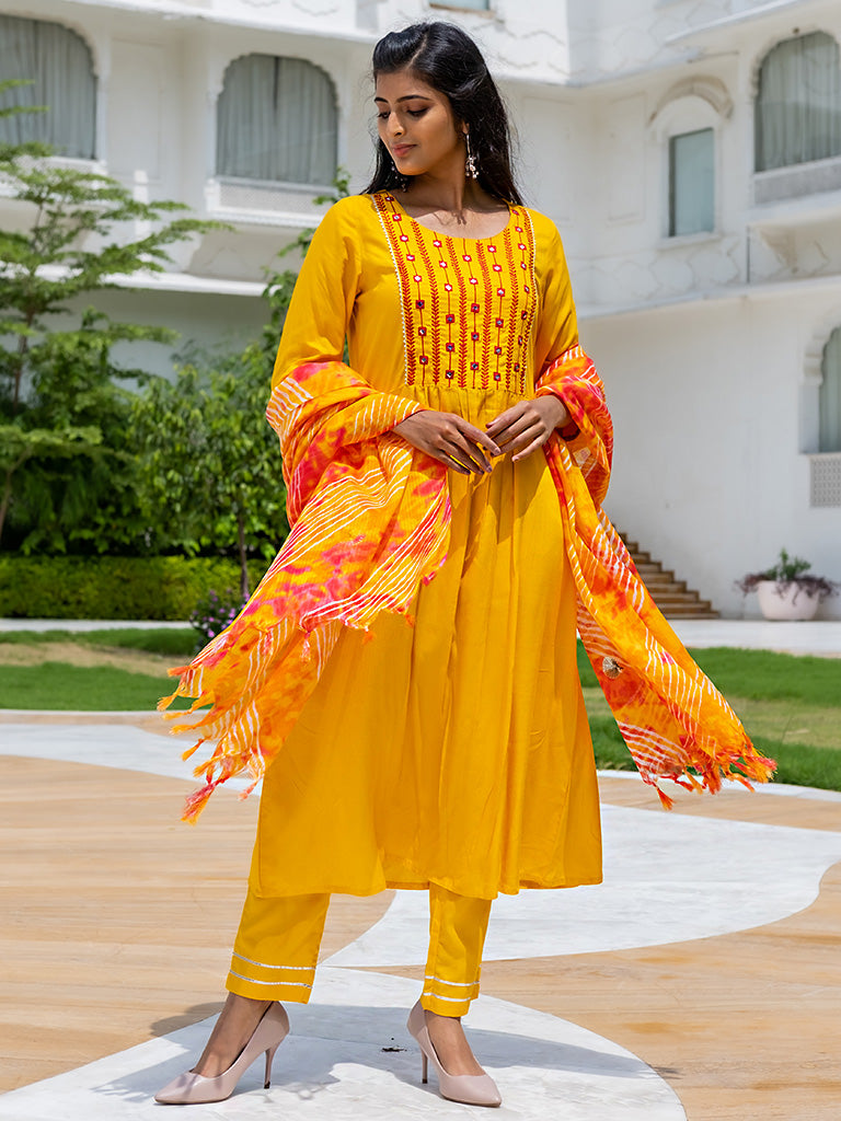 A Straight Solid Yellow Embroidered Rayon Kurta With Pants And Kota Doria Dupatta