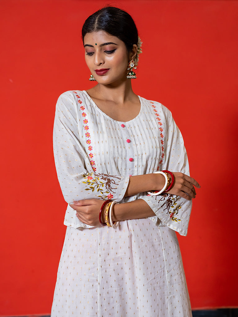 Printed White Pintuck A-Line Dress