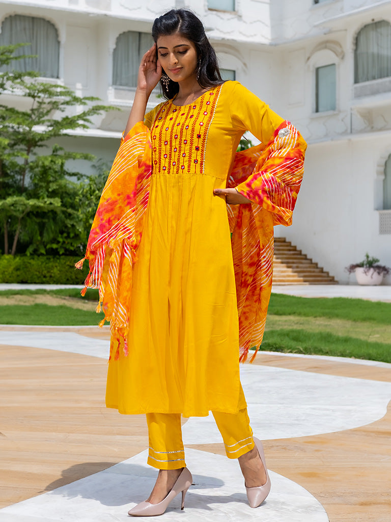 A Straight Solid Yellow Embroidered Rayon Kurta With Pants And Kota Doria Dupatta