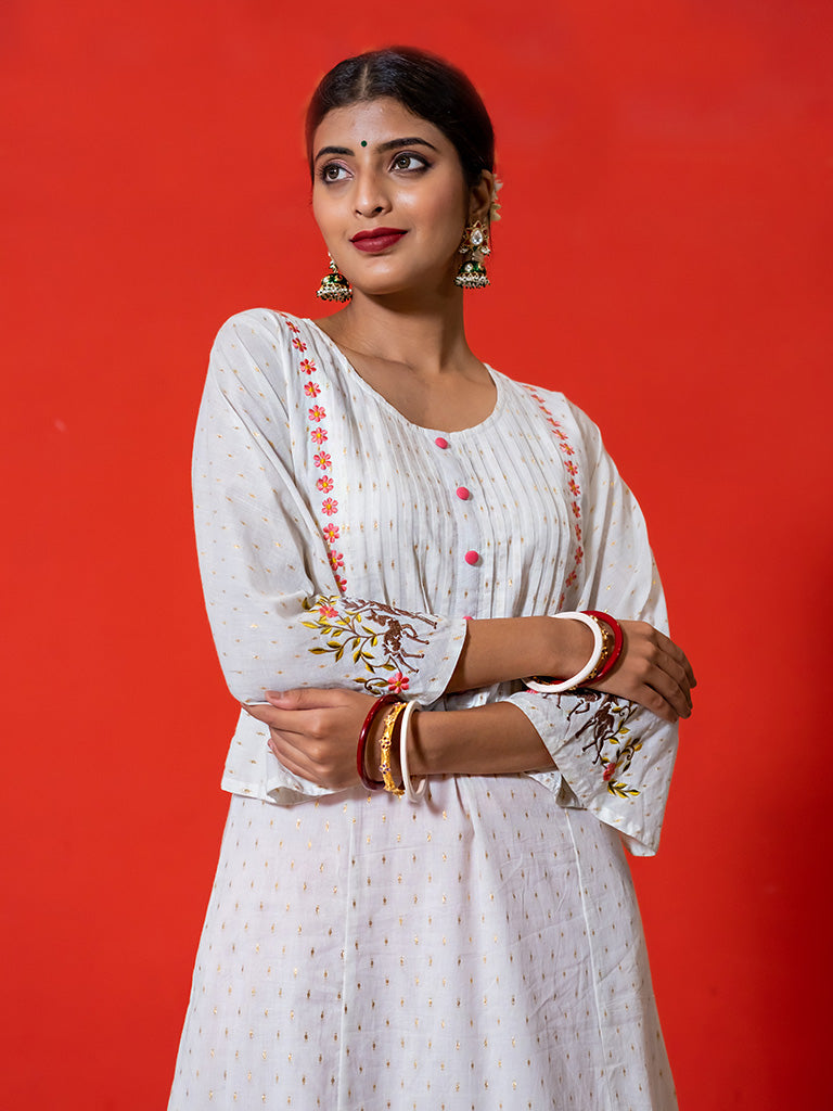 Printed White Pintuck A-Line Dress