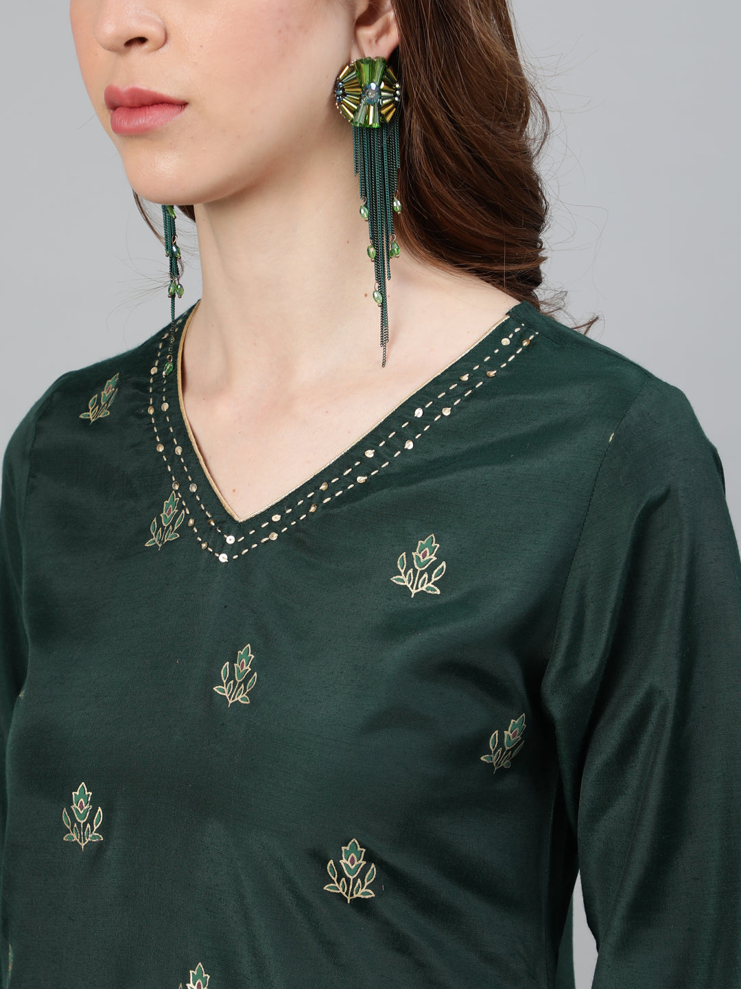 Green Print Straight Embroidered Kurta