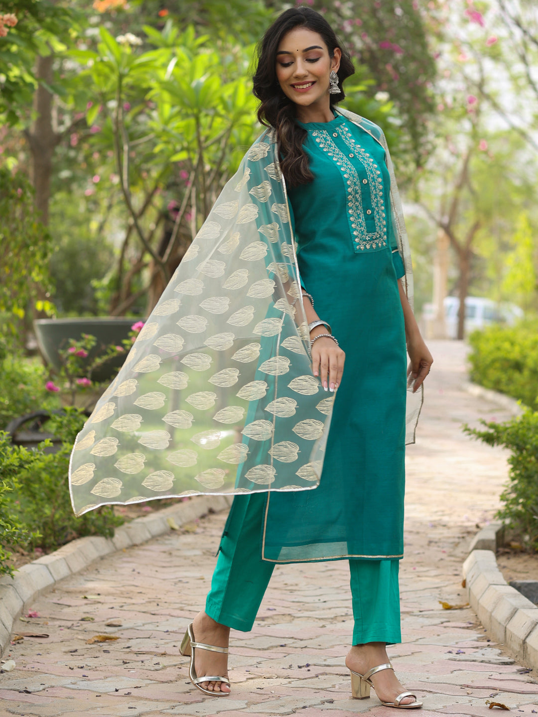 Rama Green Chanderi Embroidered Kurta With Pants And Dupatta