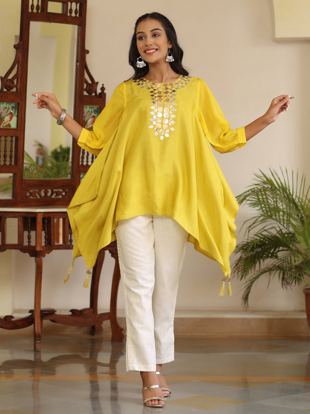Yellow Hankerchief Top With Mirror Work