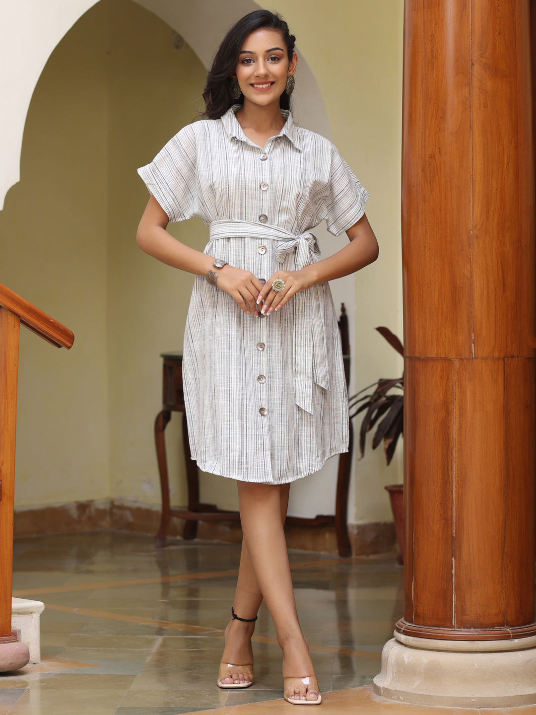 White Stripes Yarn Dyed Cotton Shirt Dress With Belt
