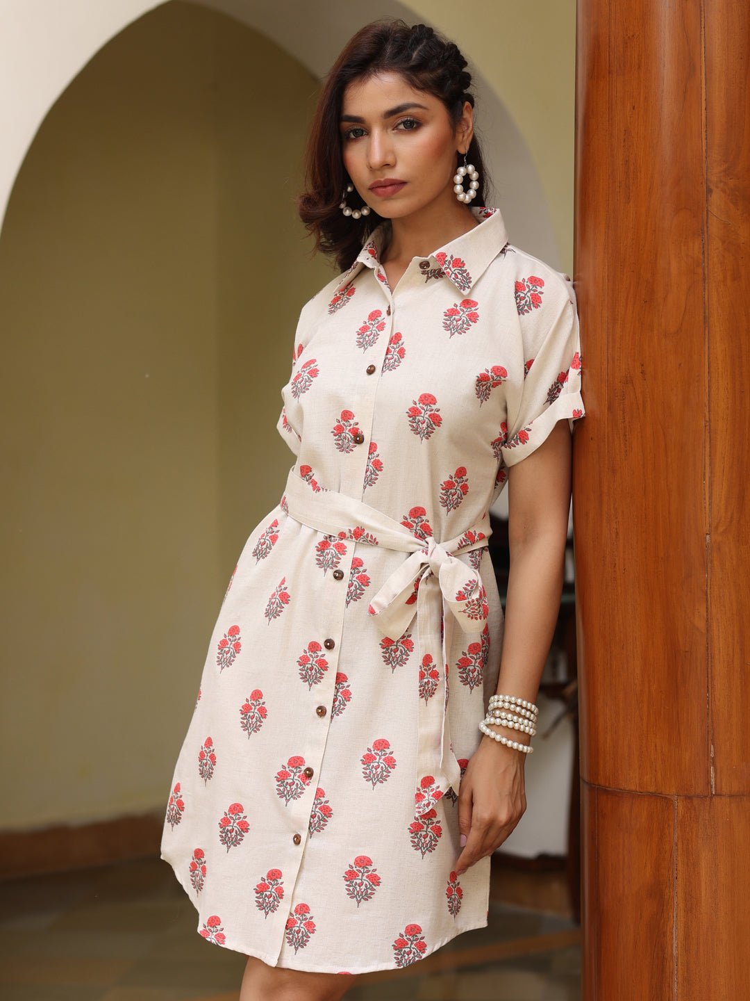 Off- White Ethnic Printed Cotton Slub Shirt Dress With Belt