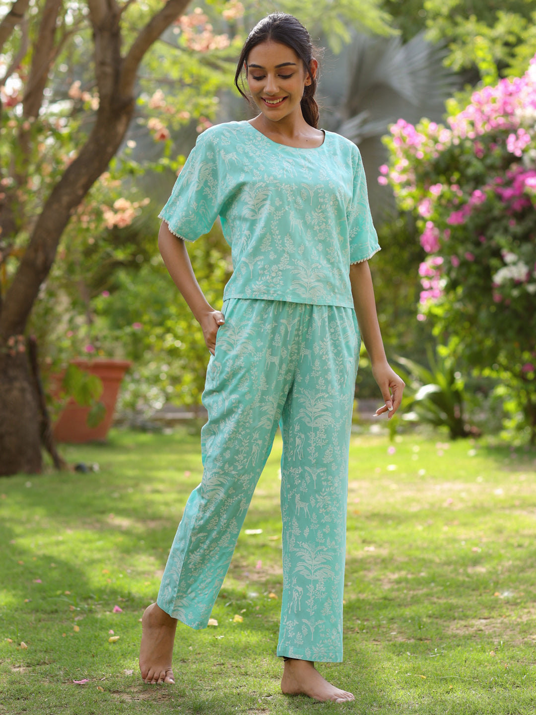 Light Blue Rayon Slub Quirky Printed Night Suit.