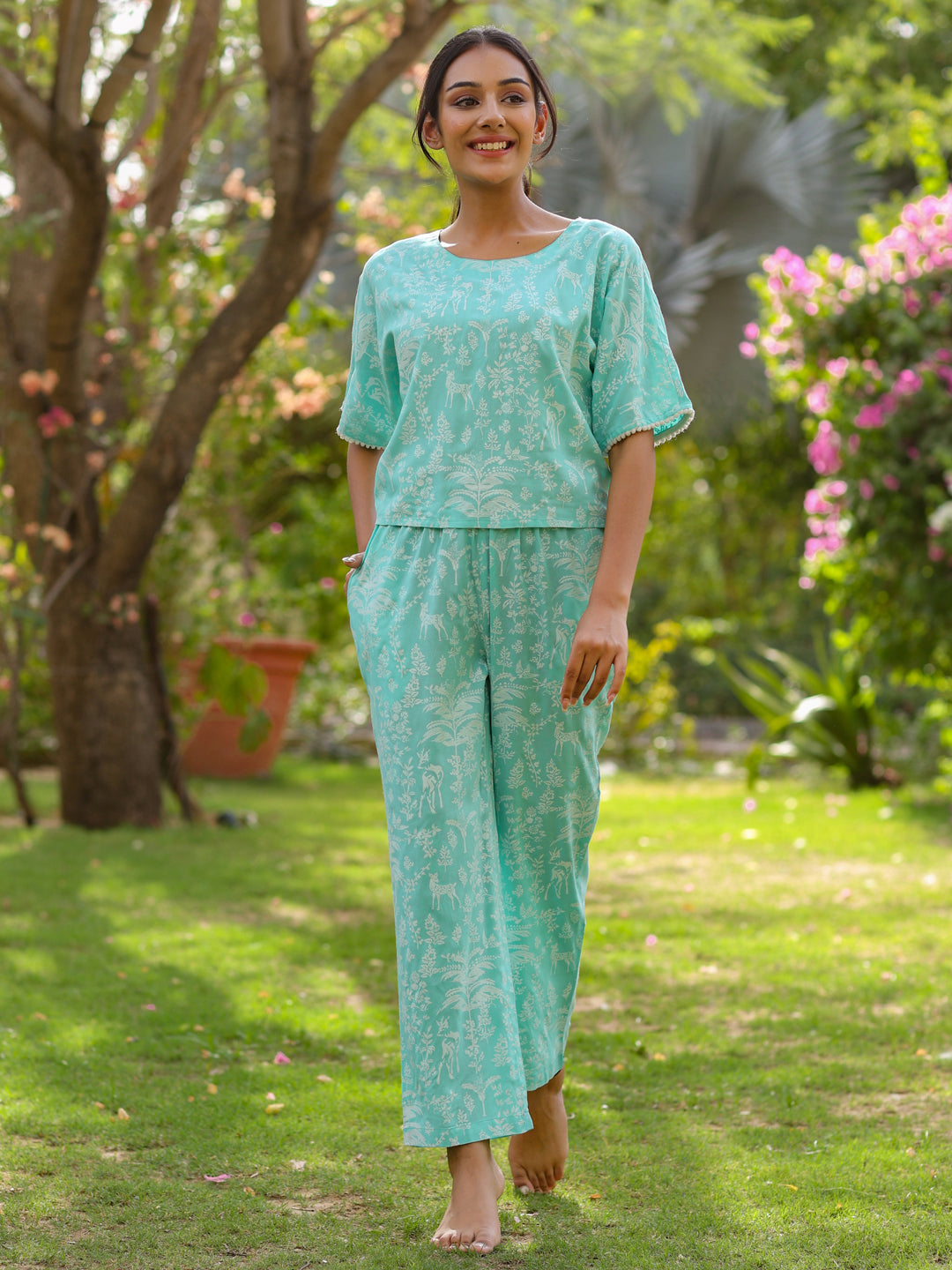Light Blue Rayon Slub Quirky Printed Night Suit.