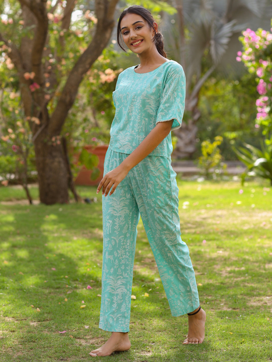 Light Blue Rayon Slub Quirky Printed Night Suit.