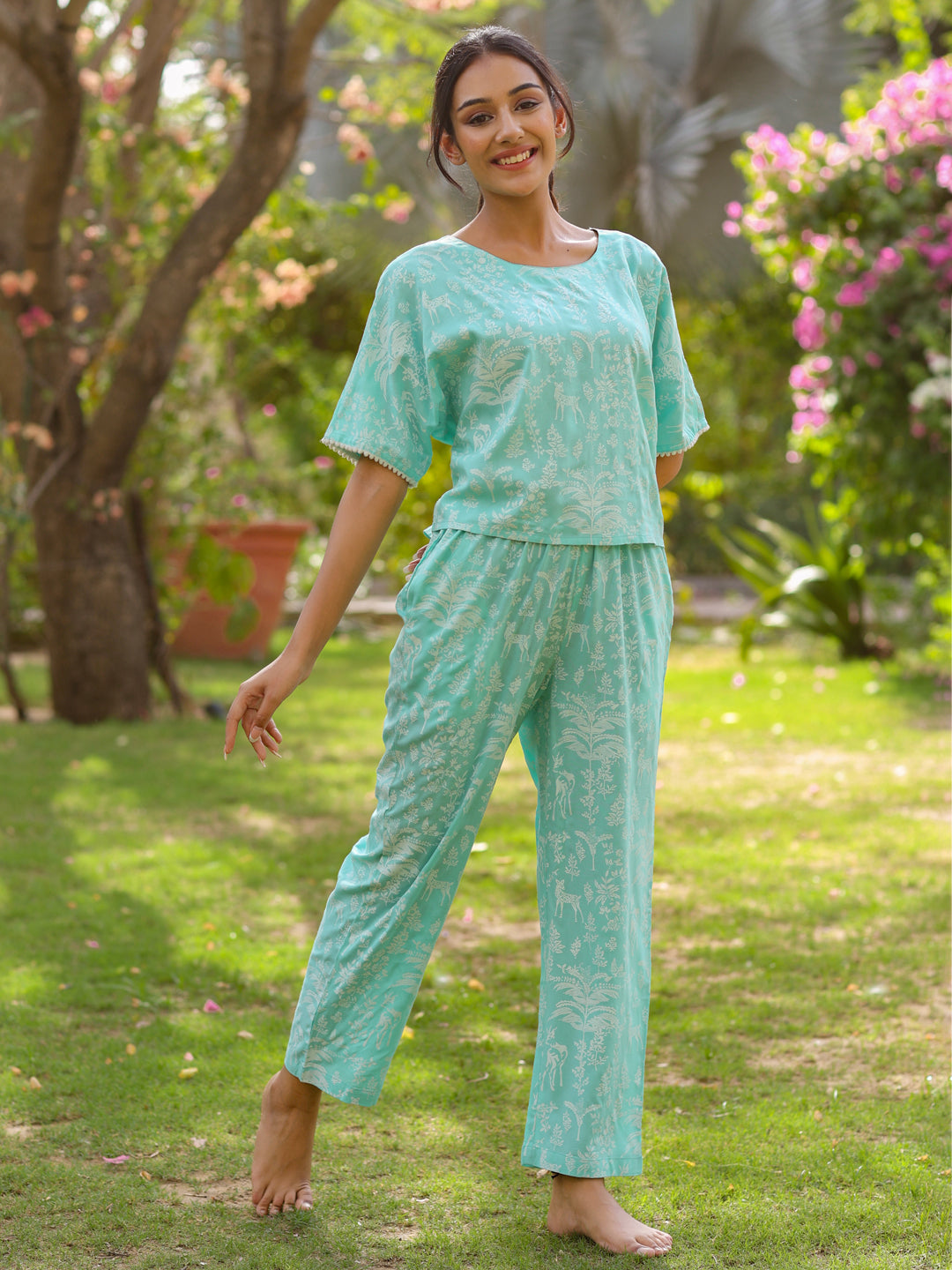 Light Blue Rayon Slub Quirky Printed Night Suit.