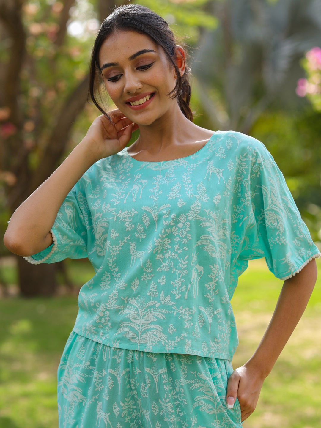 Light Blue Rayon Slub Quirky Printed Night Suit.