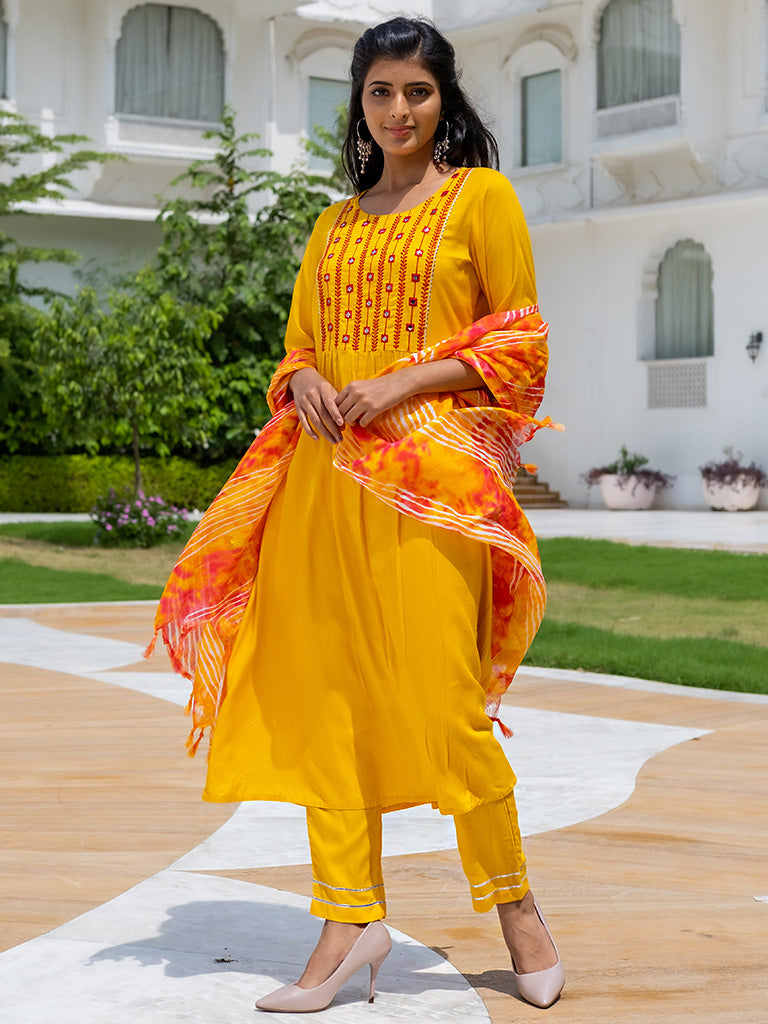 A Straight Solid Yellow Embroidered Rayon Kurta With Pants And Kota Doria Dupatta