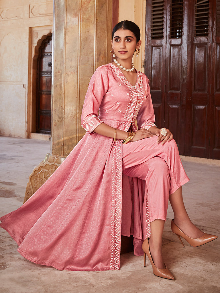 Pink Jaquard Hand Embroidered Anarkali Flared Kurta With Solid Palazzo