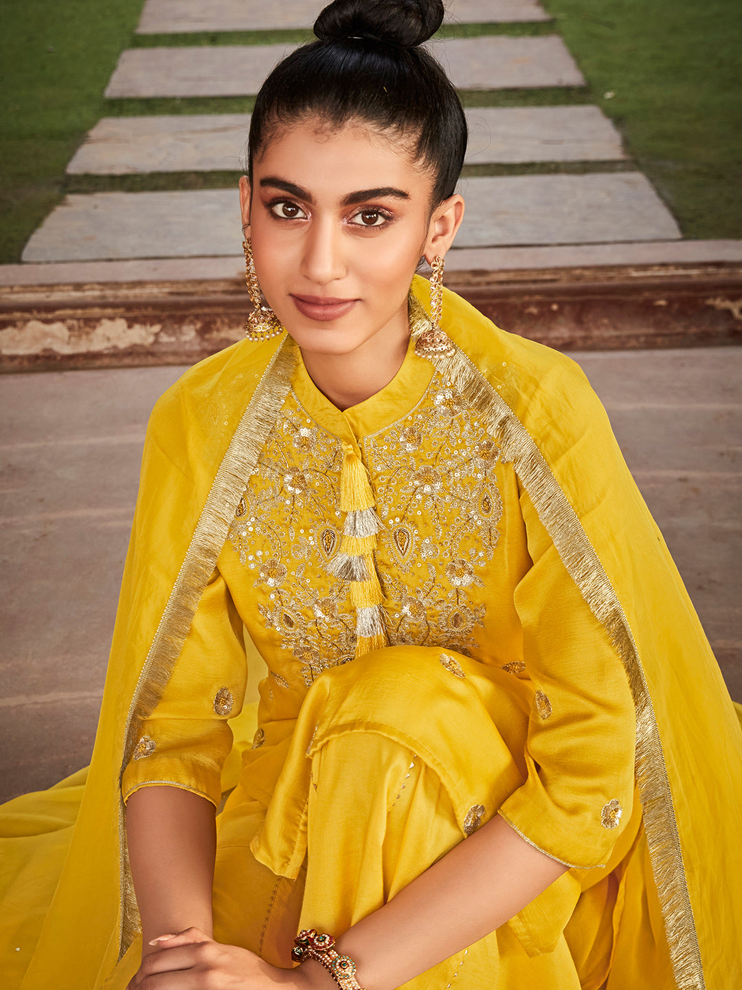 Amaiva Yellow Solid Zardozi Embroidered Solid Kurta With Sharara & Dupatta
