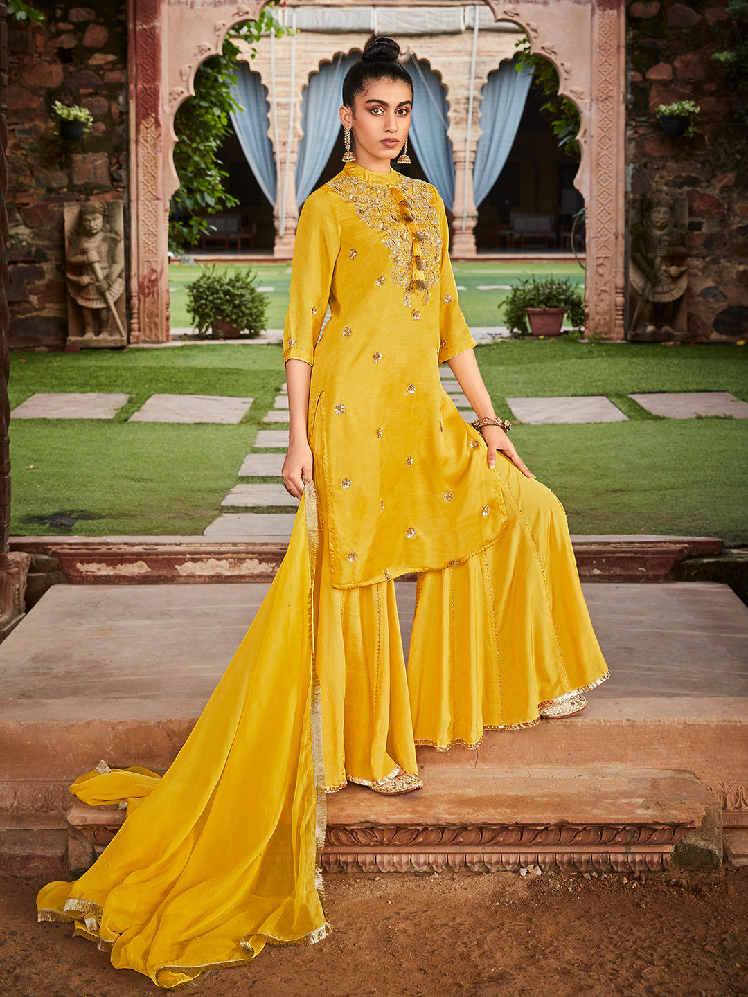 Amaiva Yellow Solid Zardozi Embroidered Solid Kurta With Sharara & Dupatta