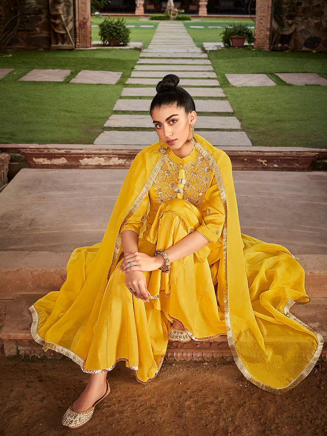 Amaiva Yellow Solid Zardozi Embroidered Solid Kurta With Sharara & Dupatta
