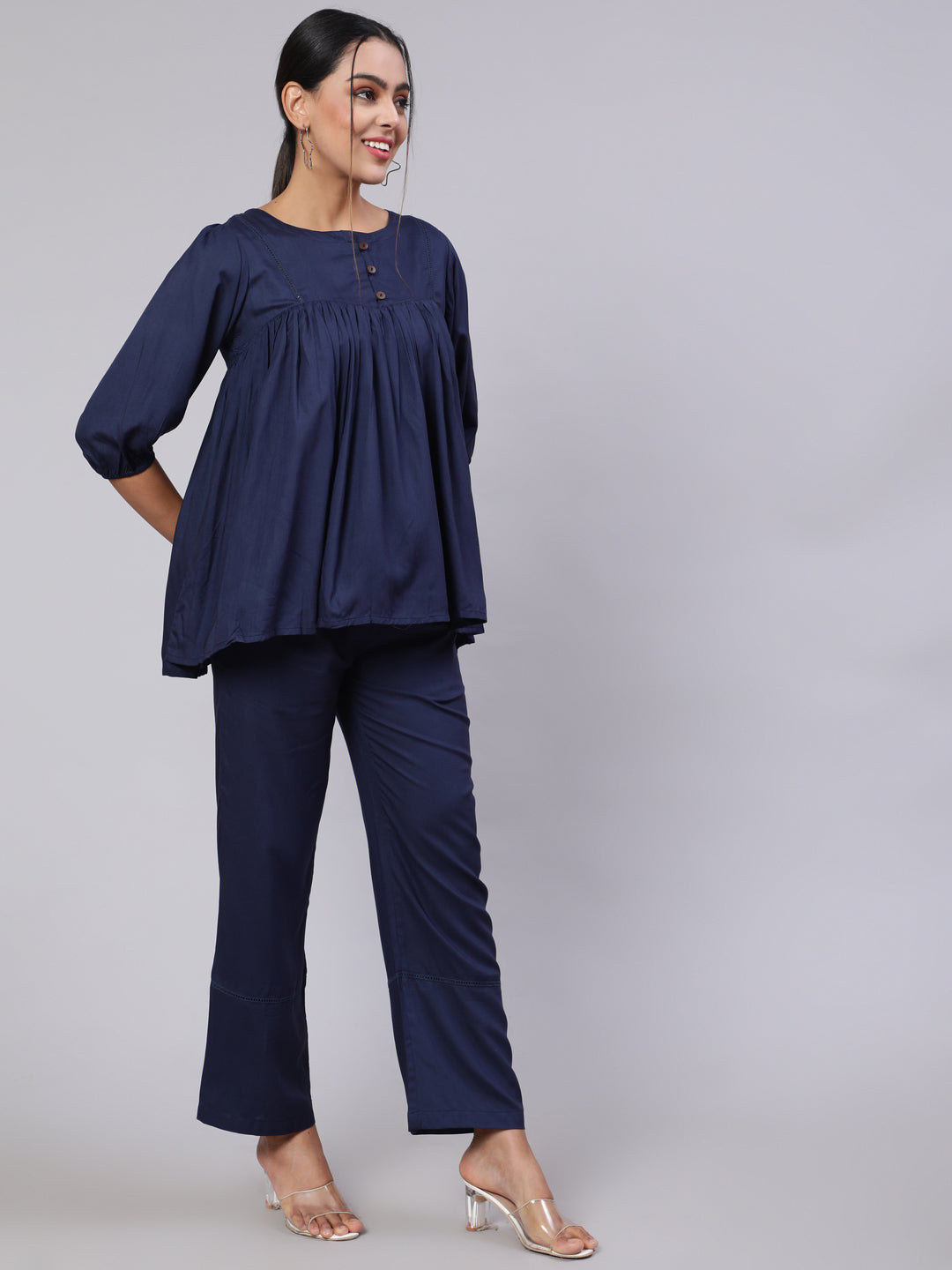 Navy Blue Gathered Top With Solid Palazzo