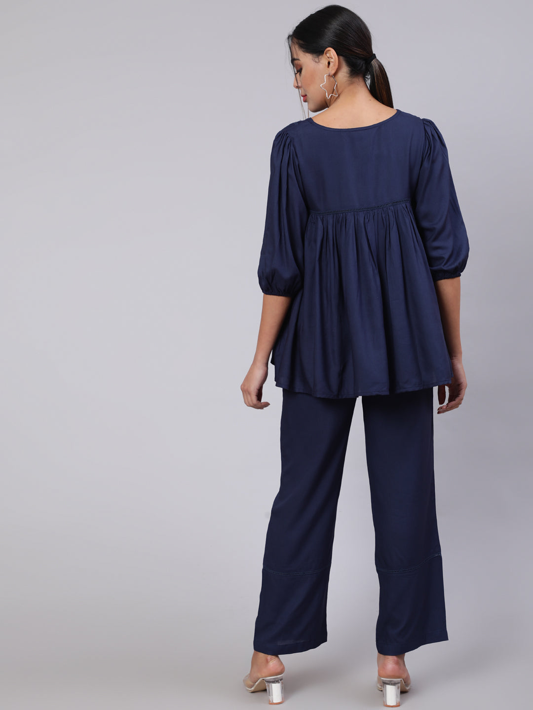 Navy Blue Gathered Top With Solid Palazzo