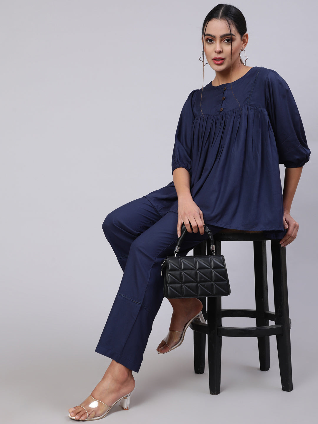Navy Blue Gathered Top With Solid Palazzo