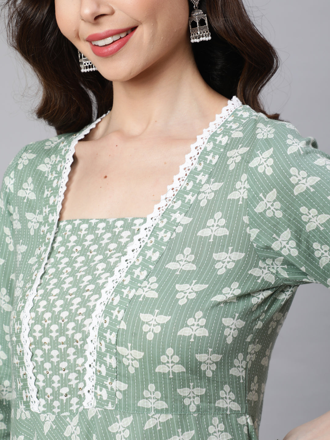 Green Woven Ethnic Print Embroidered Flared Laced Kurta With Printed Palazzo