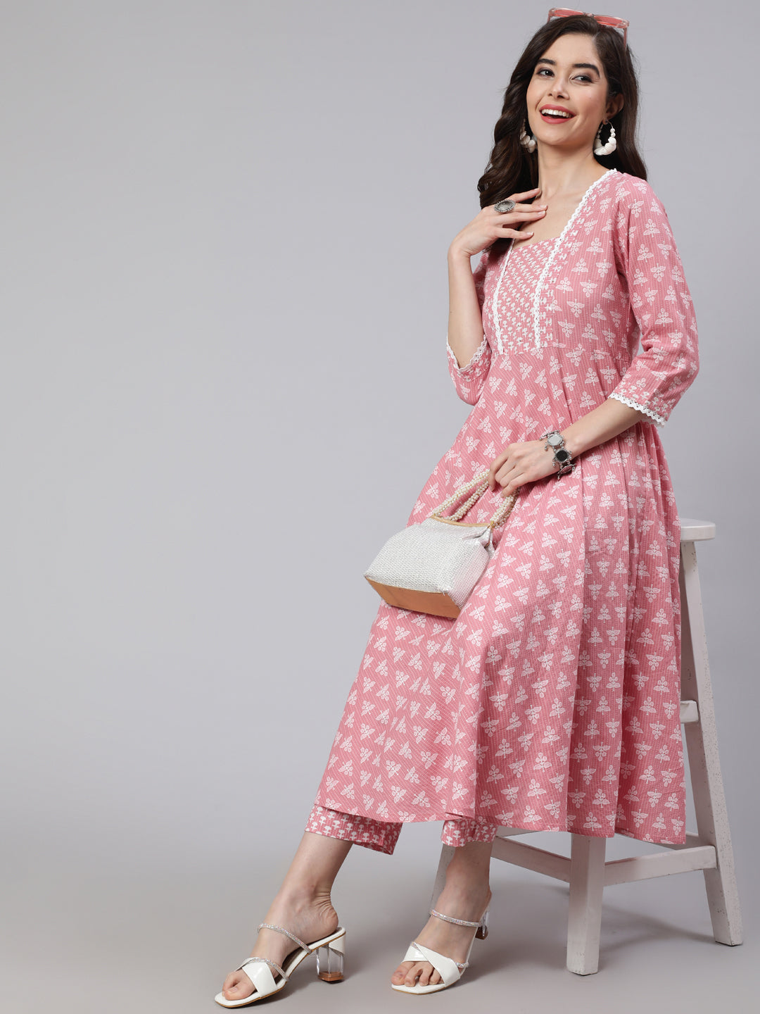 Pink Ethnic Print Embroidered Flared Kurta With Printed Palazzo