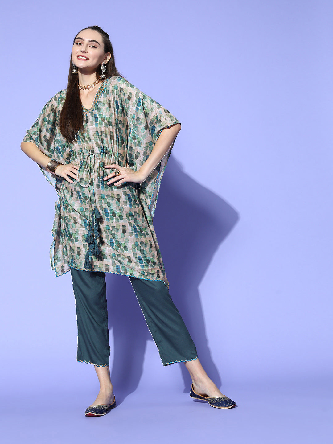 A Green Abstracted Print Muslin Embroidered Kaftan With A Solid Regular Fit Pants