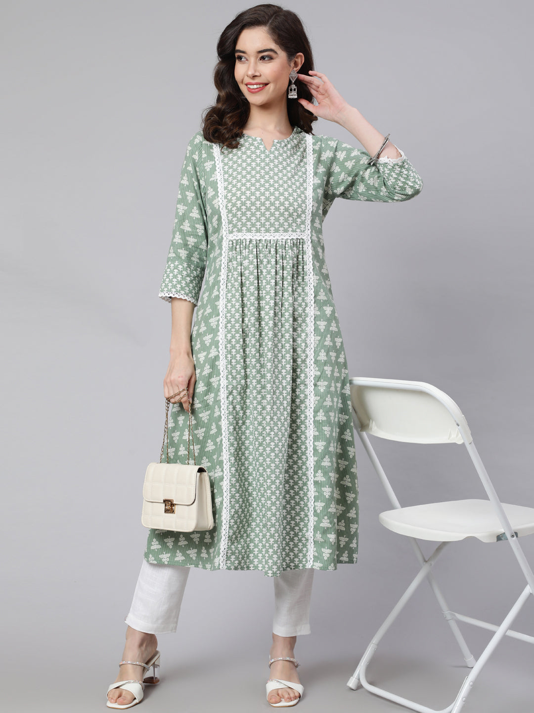 Green Laced Woven Mix-Match A-line Kurta
