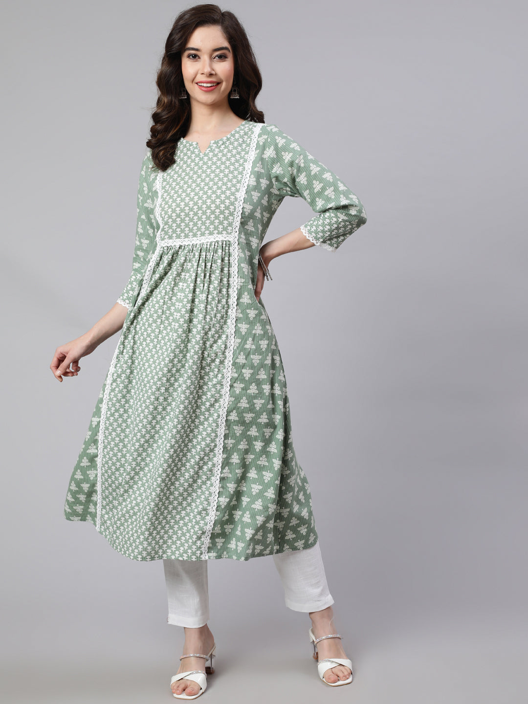 Green Laced Woven Mix-Match A-line Kurta