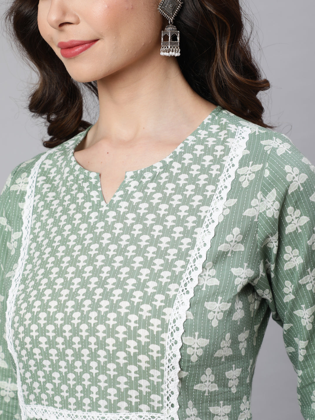 Green Laced Woven Mix-Match A-line Kurta