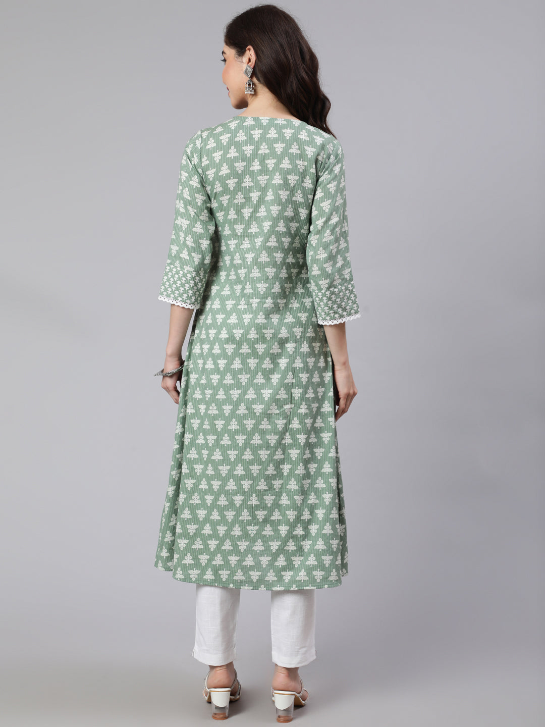 Green Laced Woven Mix-Match A-line Kurta