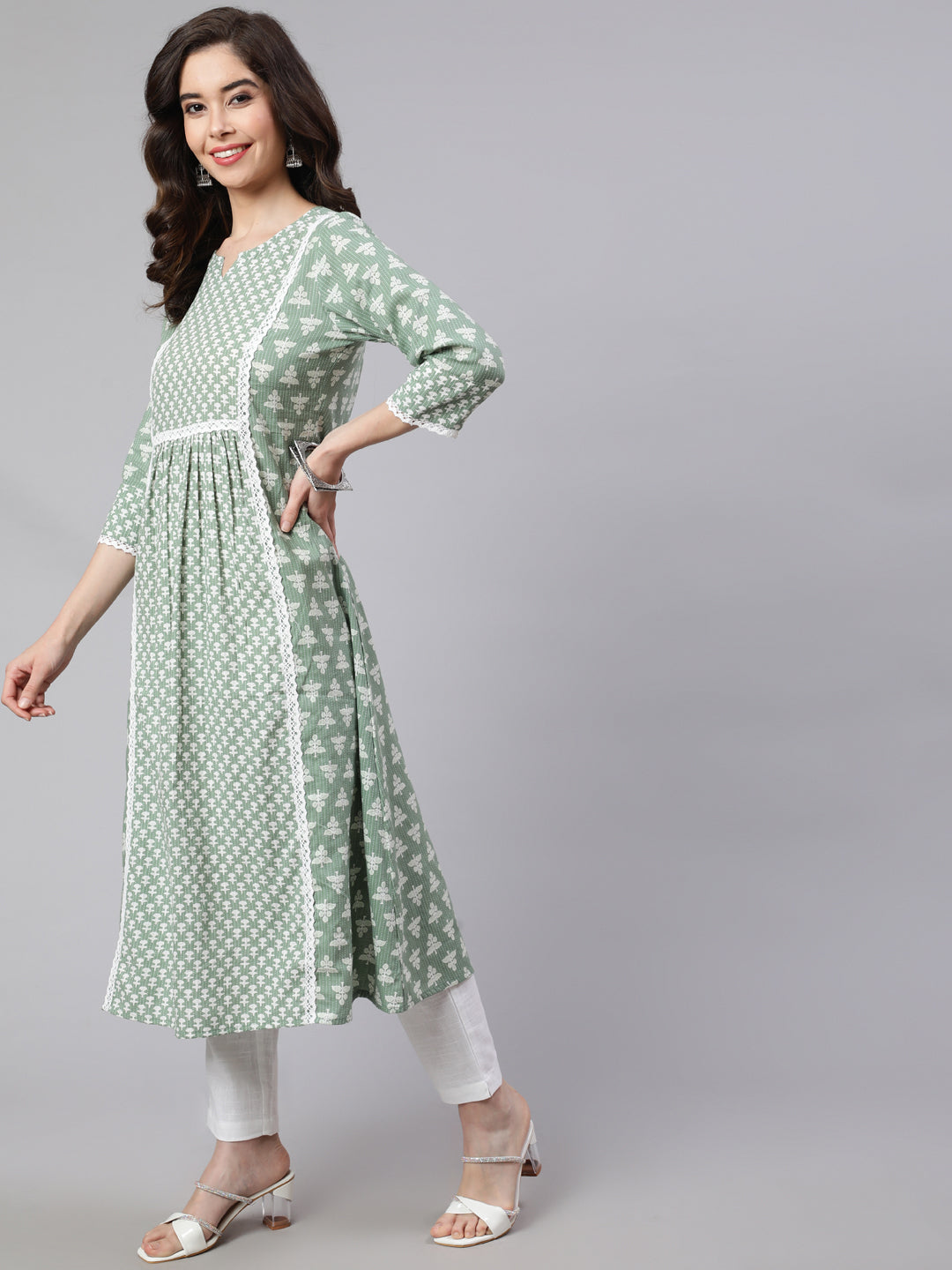 Green Laced Woven Mix-Match A-line Kurta