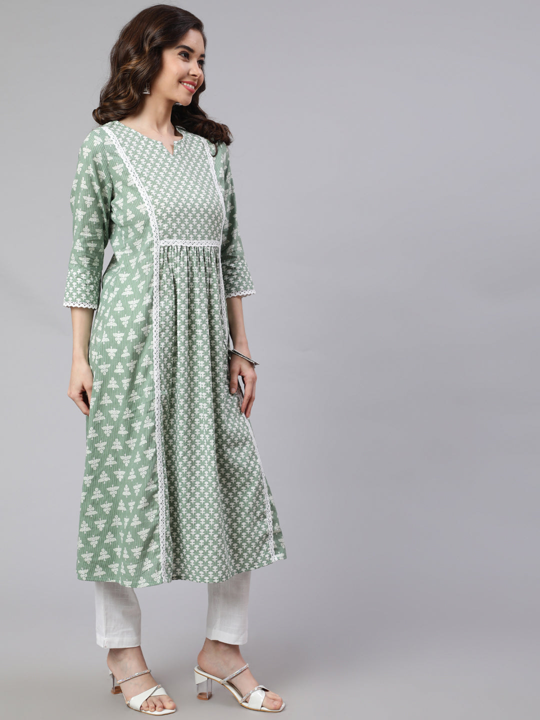 Green Laced Woven Mix-Match A-line Kurta