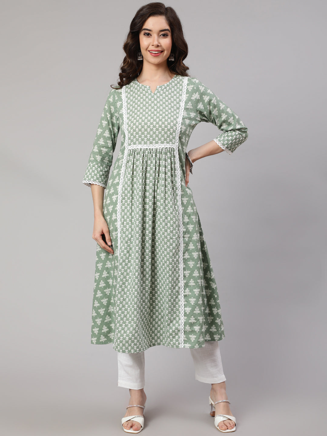 Green Laced Woven Mix-Match A-line Kurta