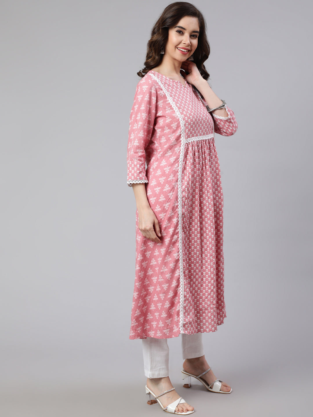 Pink Laced Woven Mix-Match A-line Kurta