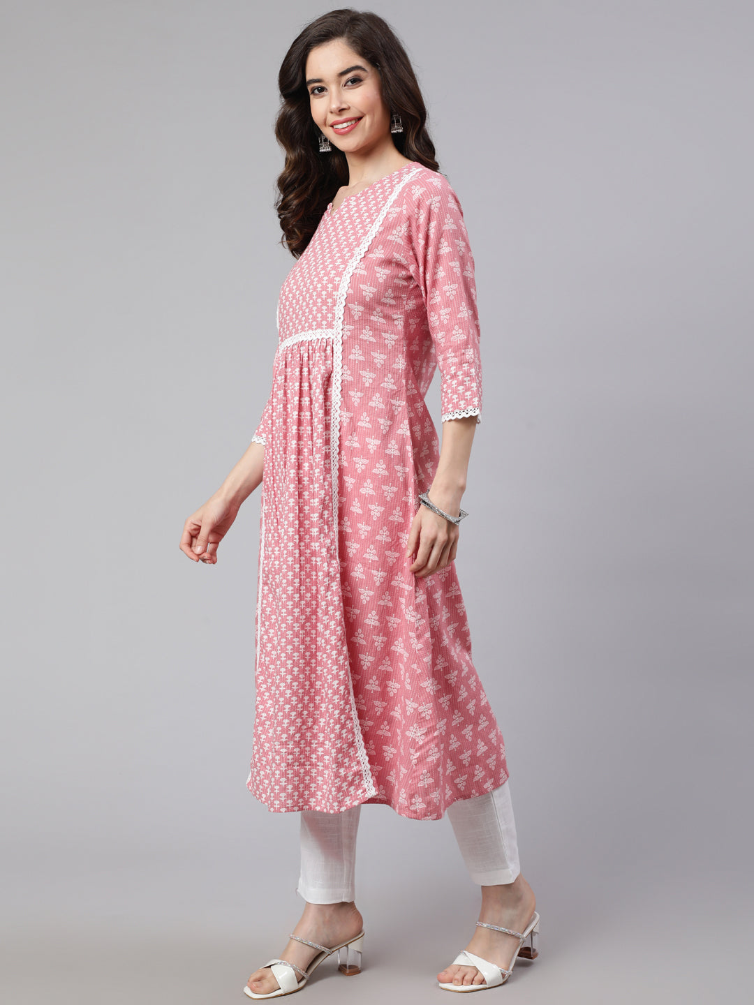 Pink Laced Woven Mix-Match A-line Kurta