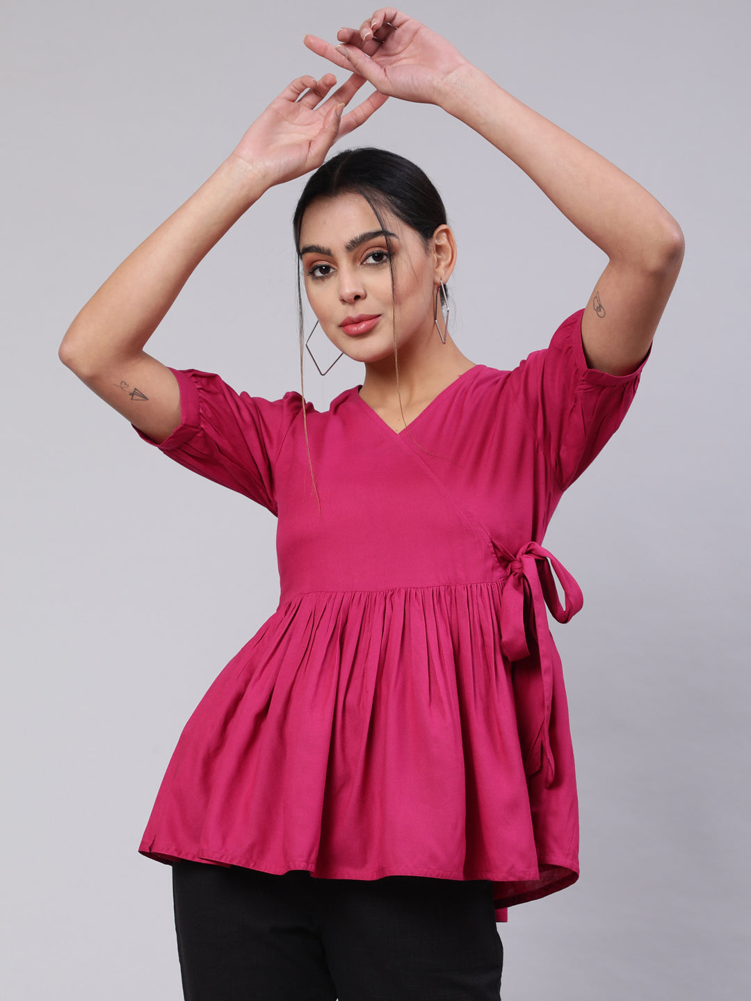 Magenta Solid Peplum Tie Up Top