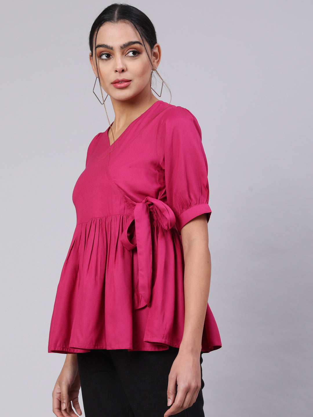 Magenta Solid Peplum Tie Up Top
