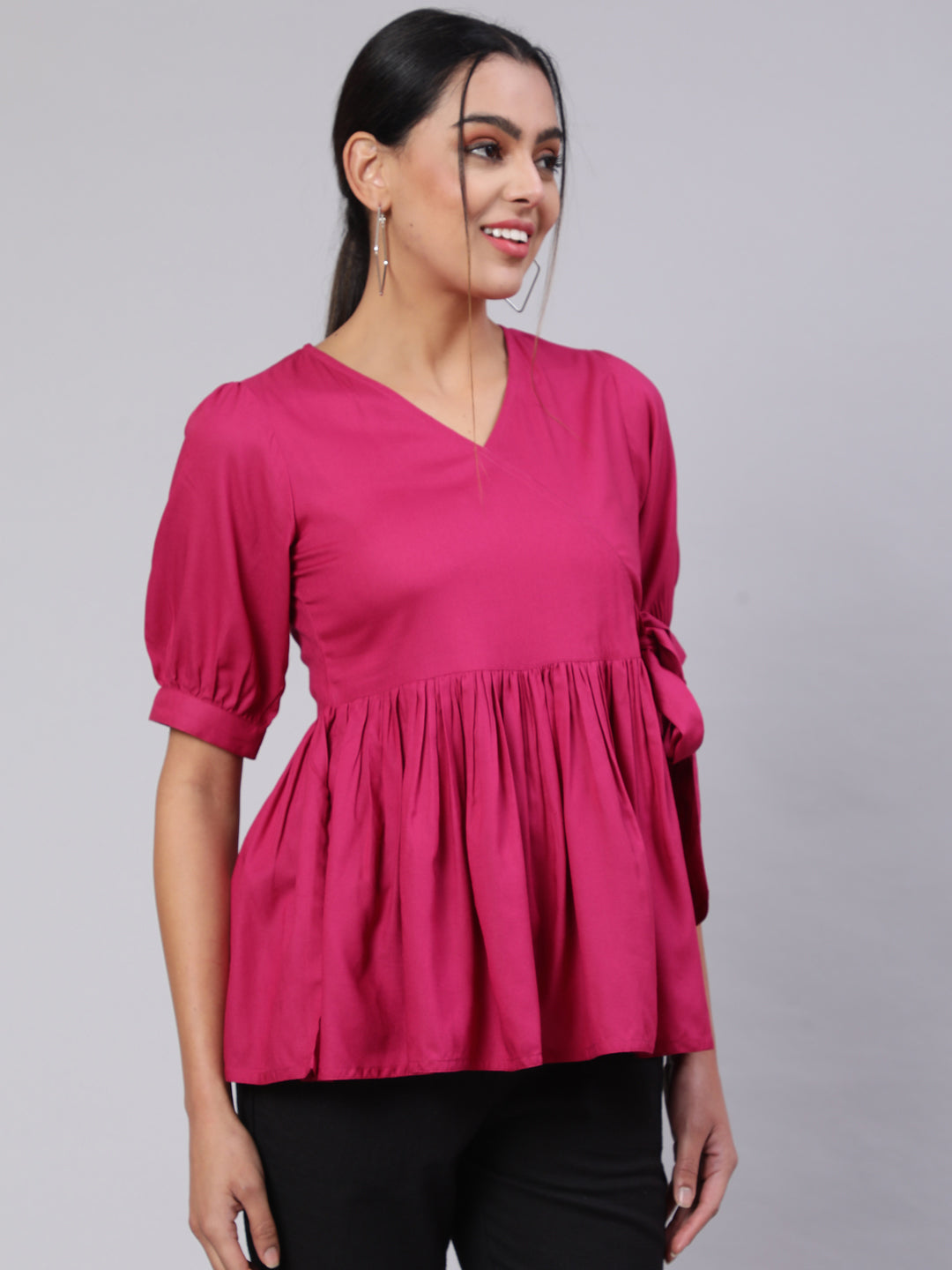 Magenta Solid Peplum Tie Up Top