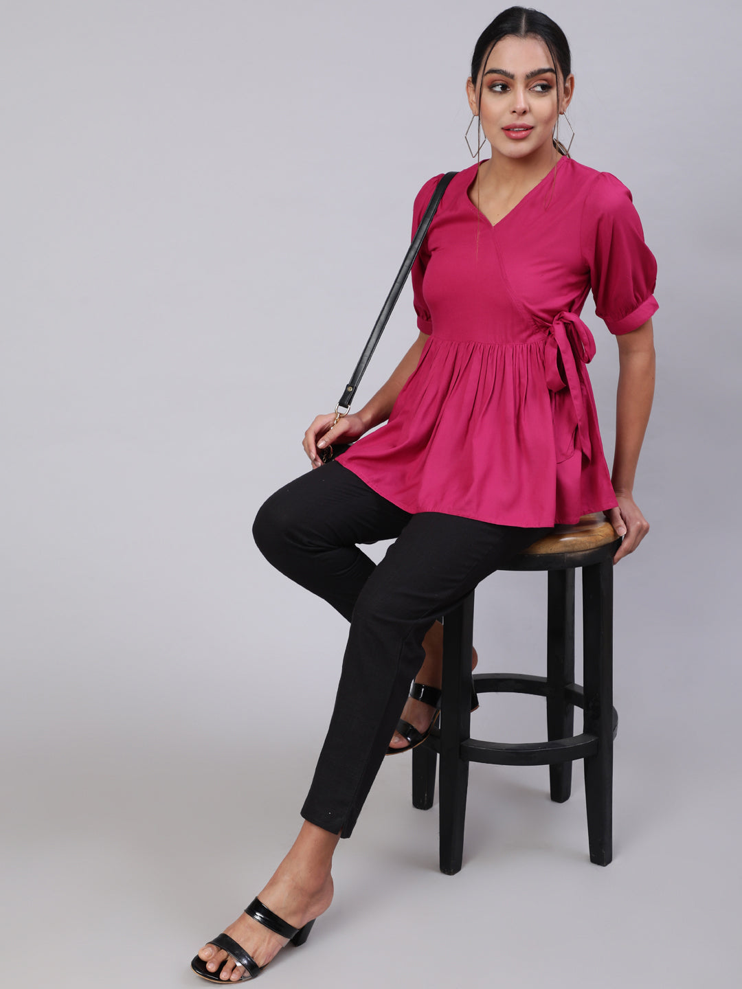 Magenta Solid Peplum Tie Up Top