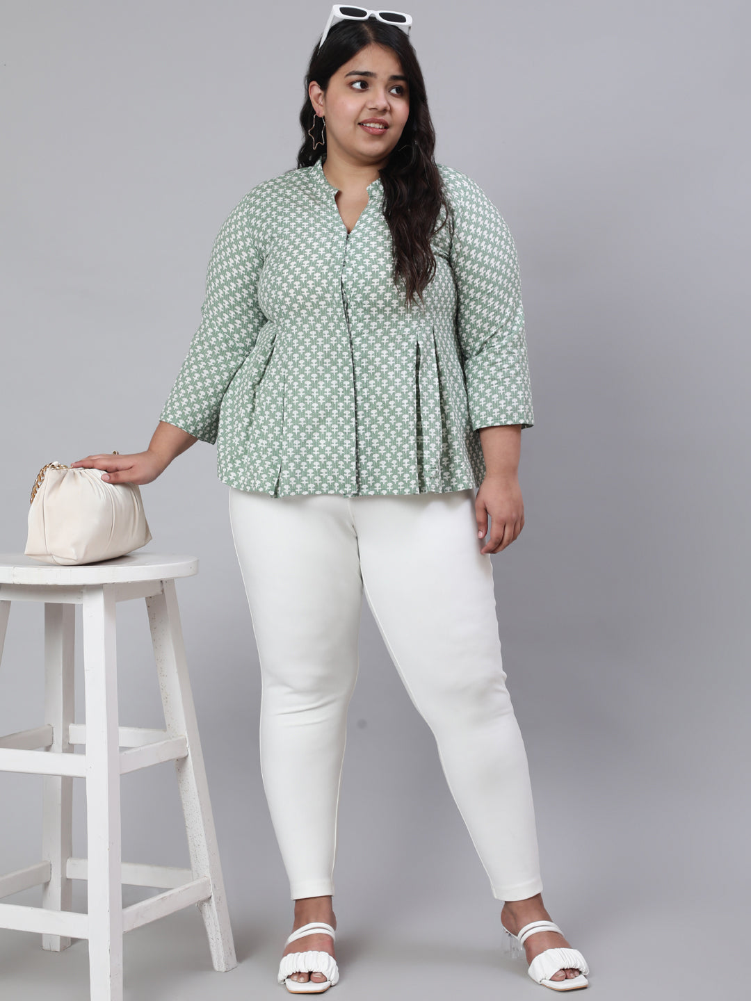 Green Plus Size Woven Printed Pleated Top