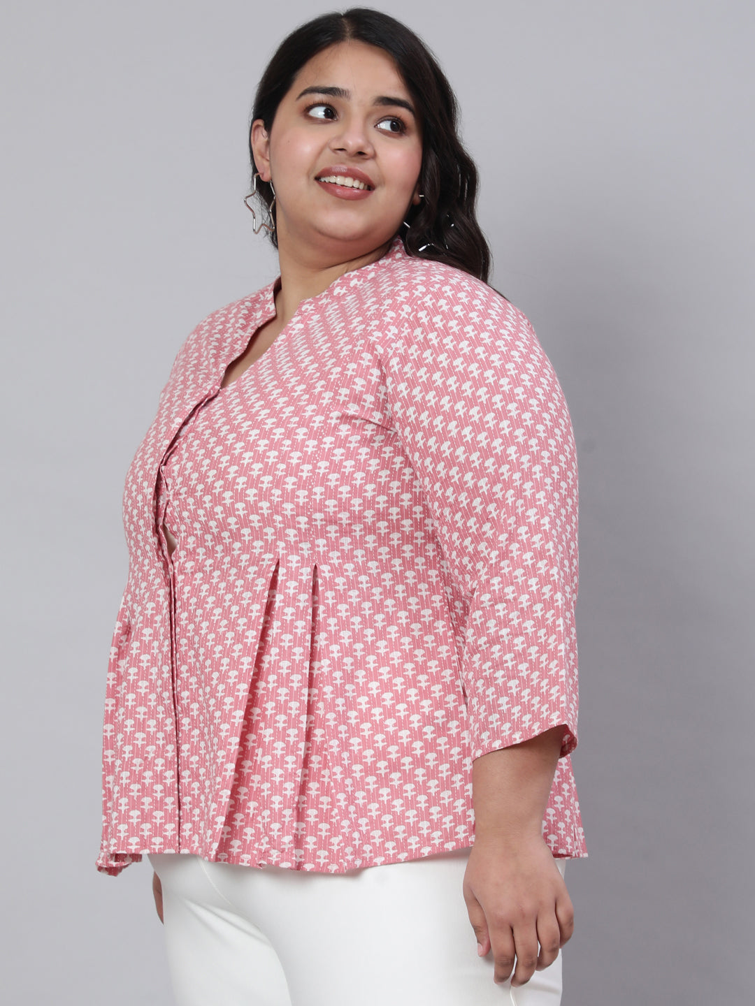 Pink Plus Size Woven Printed Pleated Top