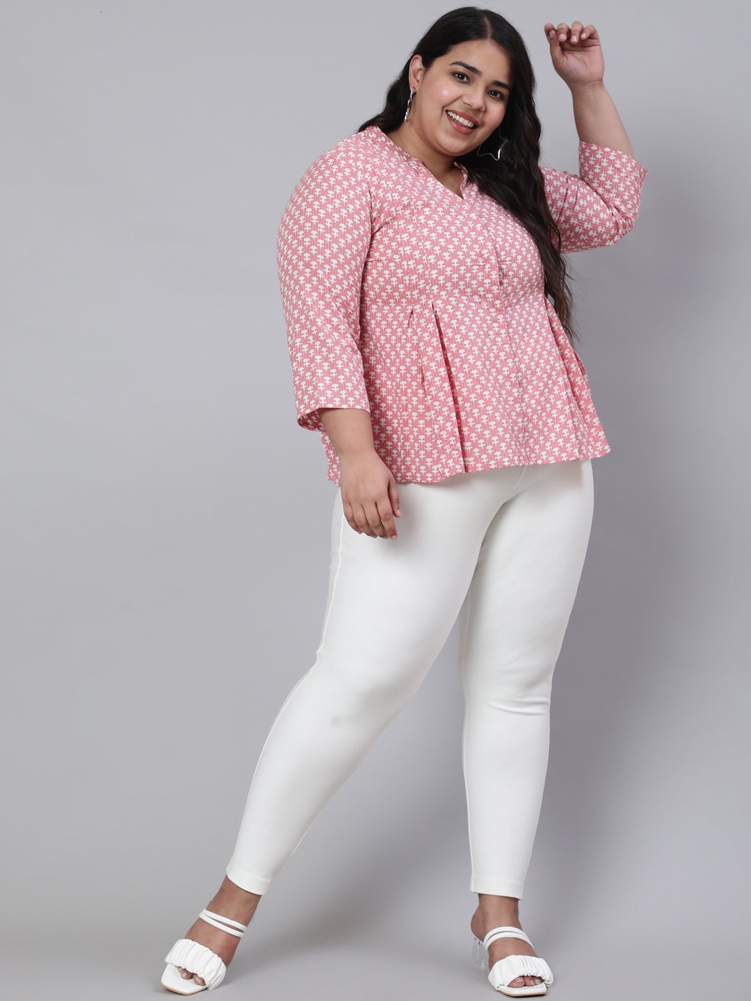 Pink Plus Size Woven Printed Pleated Top