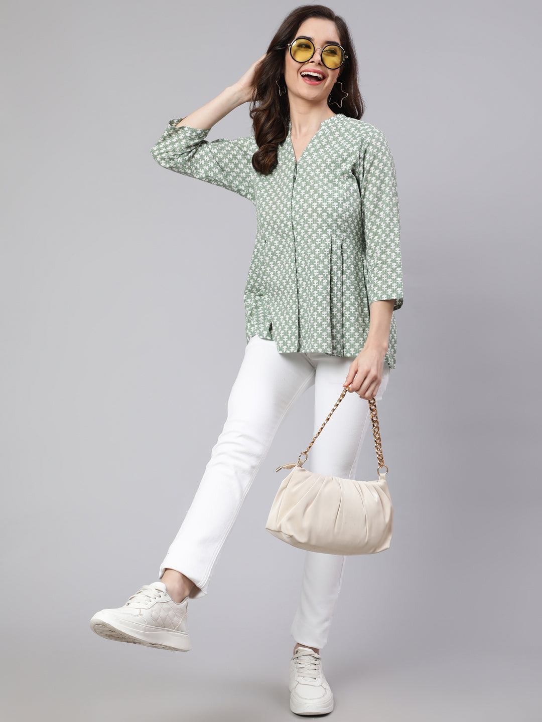 Green Woven Printed Pleated Top