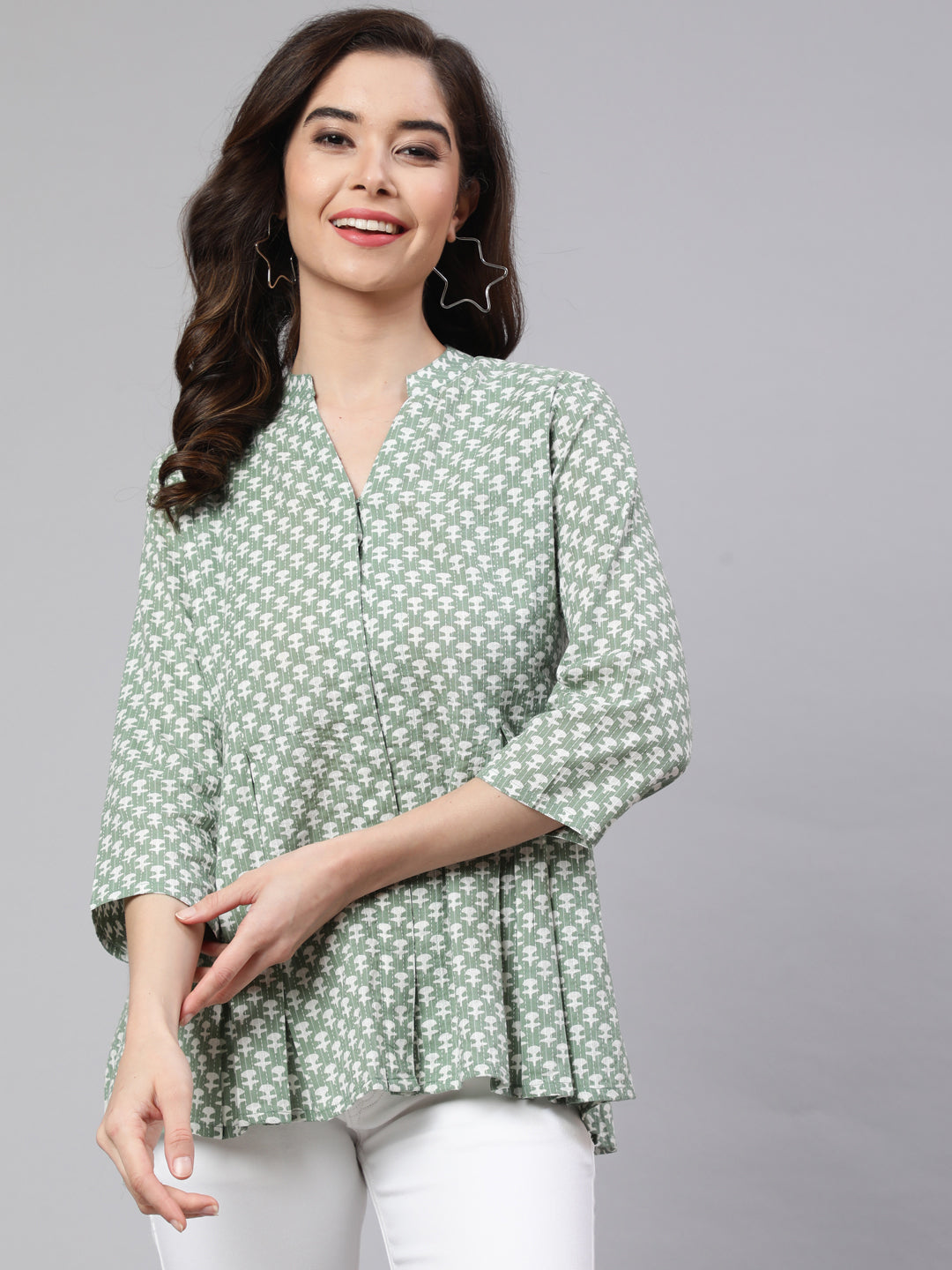 Green Woven Printed Pleated Top