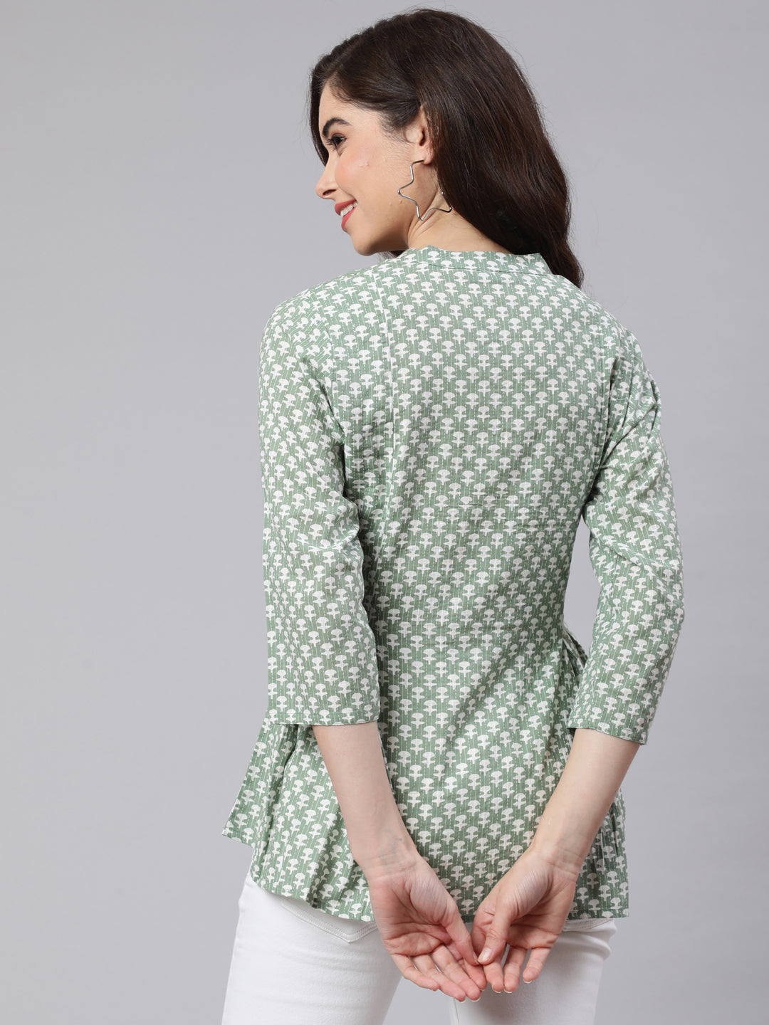 Green Woven Printed Pleated Top