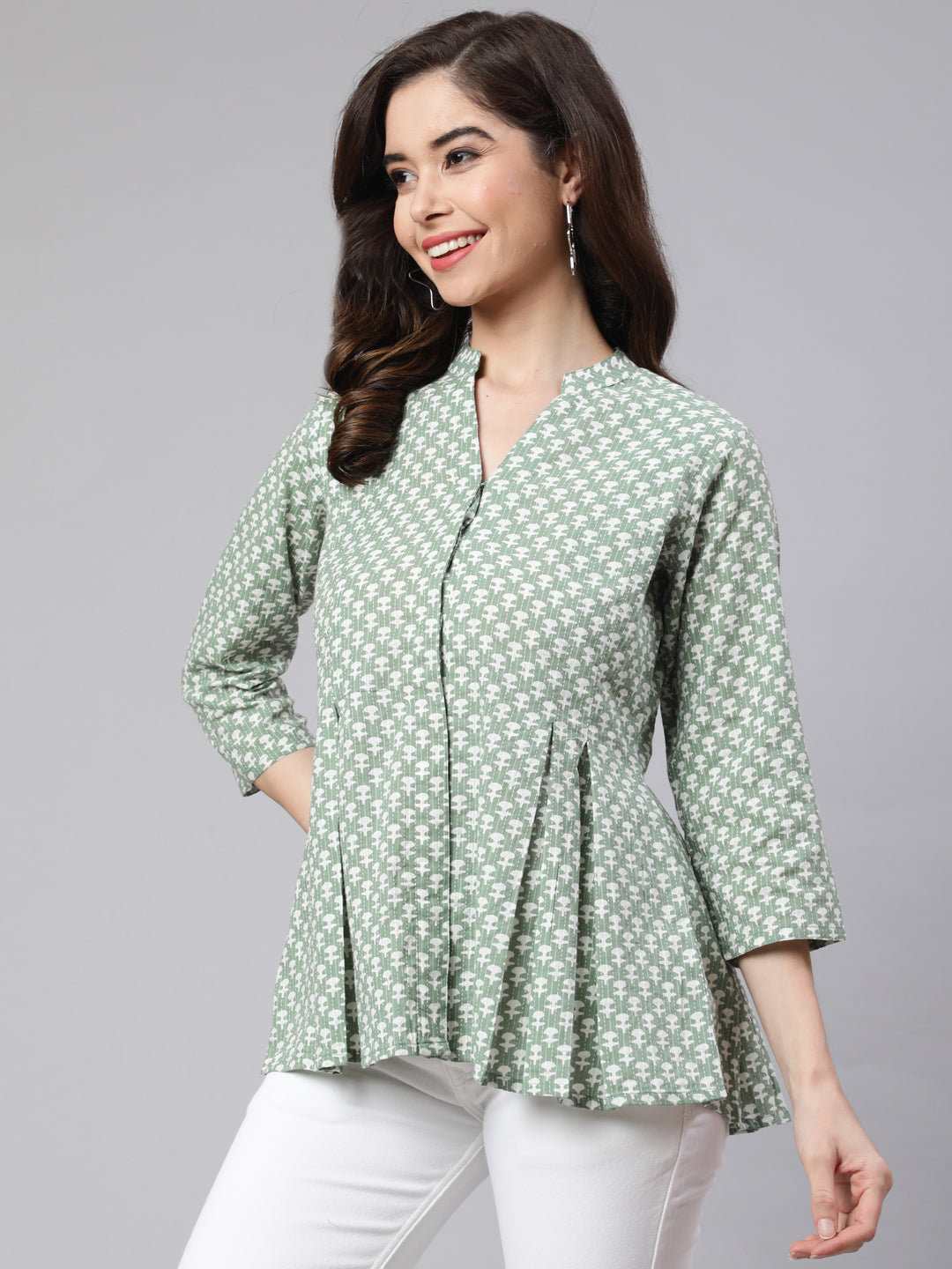 Green Woven Printed Pleated Top