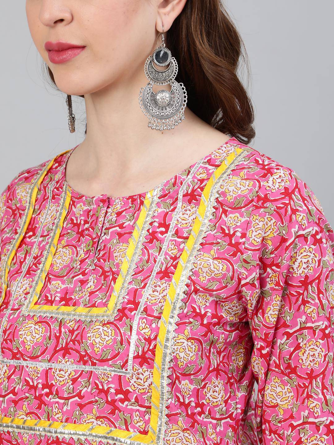 Pink Ethnic Print Straight Cotton Kurta With Palazzos & Dupatta